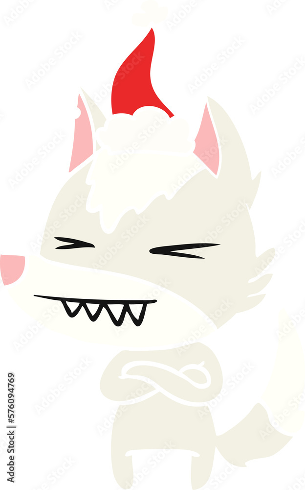 angry wolf flat color illustration of a wearing santa hat