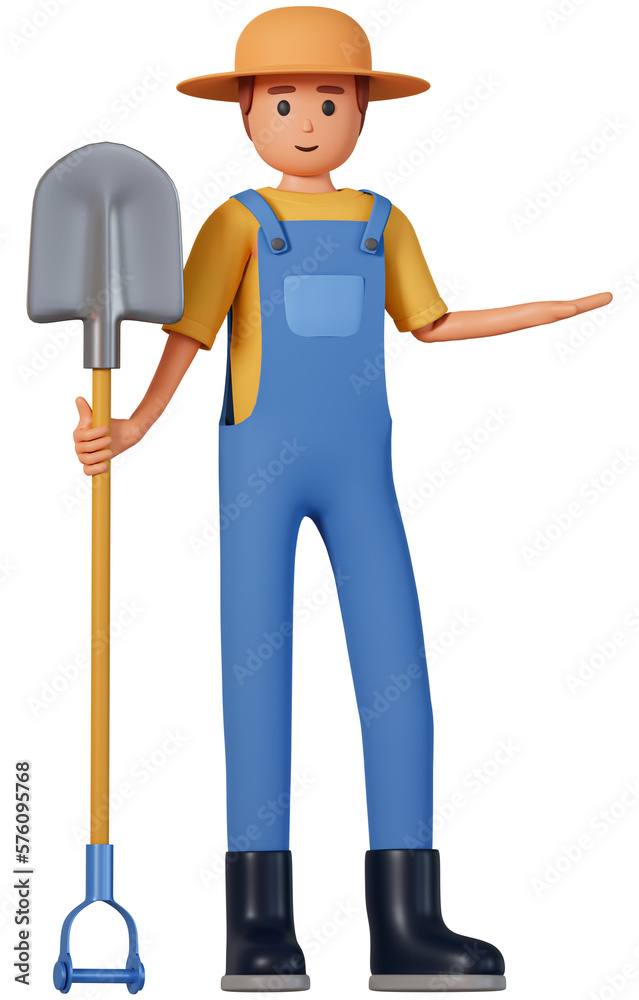 Farmer in overalls, hat and rubber boots hold shovel and showing something with hand front view 3d illustration. 3d illustration of gardener man standing with shovel and pointing to the side Farmer in overalls, hat and rubber boots hold shovel and showing something with hand front view 3d illustration. 3d illustration of gardener man standing with shovel and pointing to the side