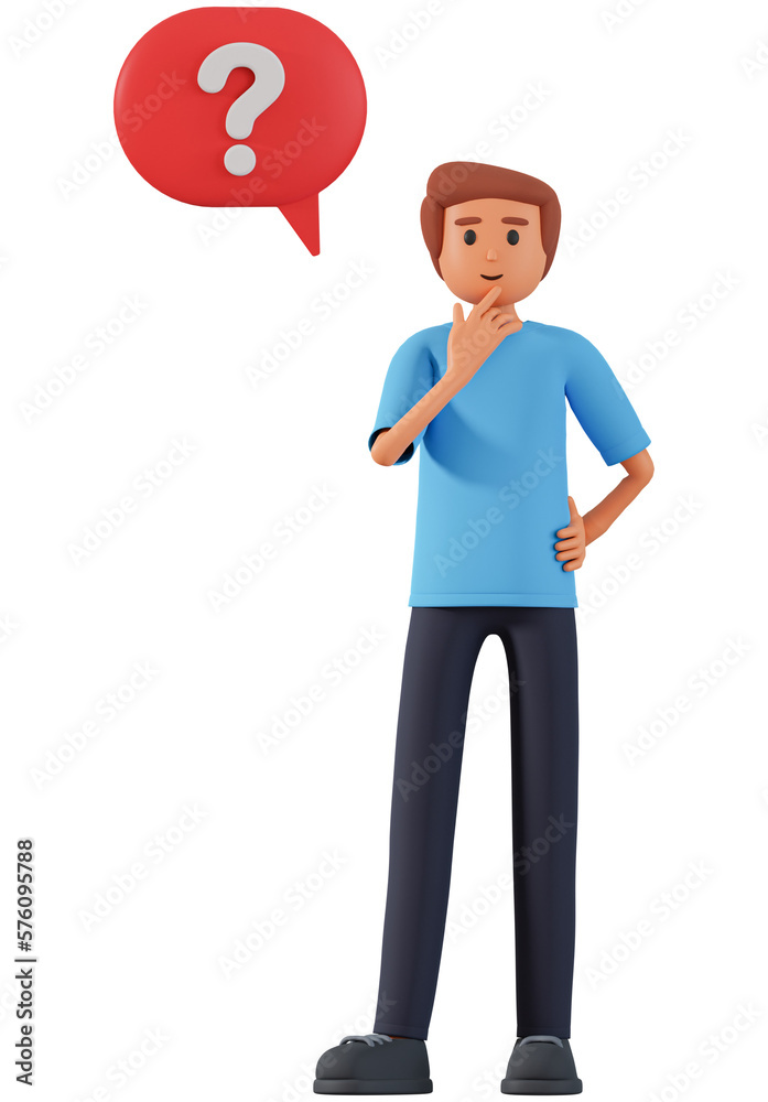 3D illustration of young man and question mark in speech bubble. Thinking man character hold his hand on chin and question mark in speech bubble appear above his head 3d illustration 3D illustration of young man and question mark in speech bubble. Thinking man character hold his hand on chin and question mark in speech bubble appear above his head 3d illustration