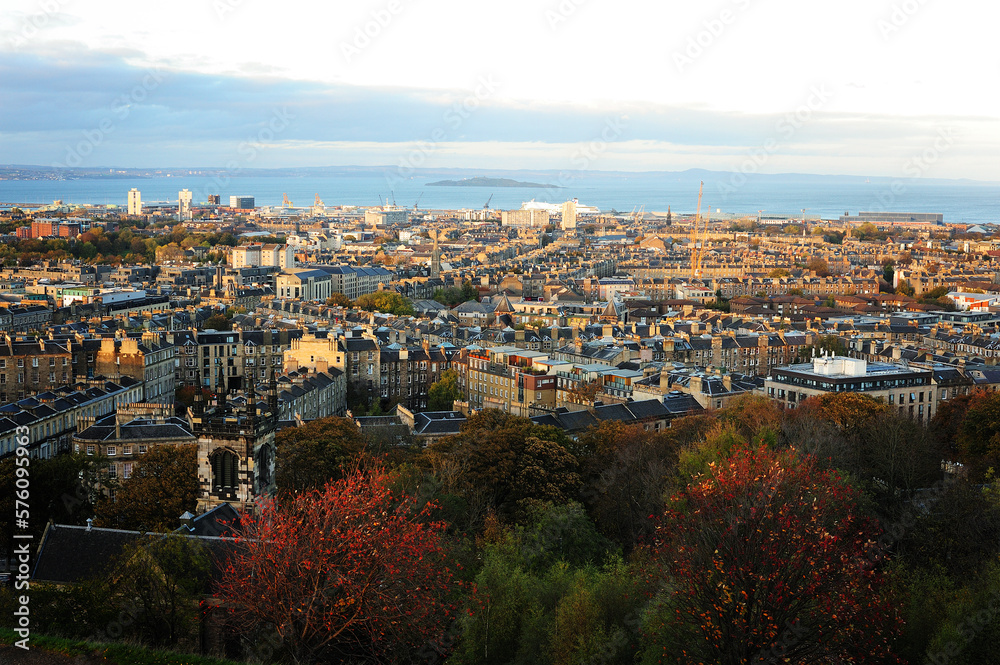 View of north Edinburgh, Scotland (island of Inchkeith on the Firth of Forth seen in background)