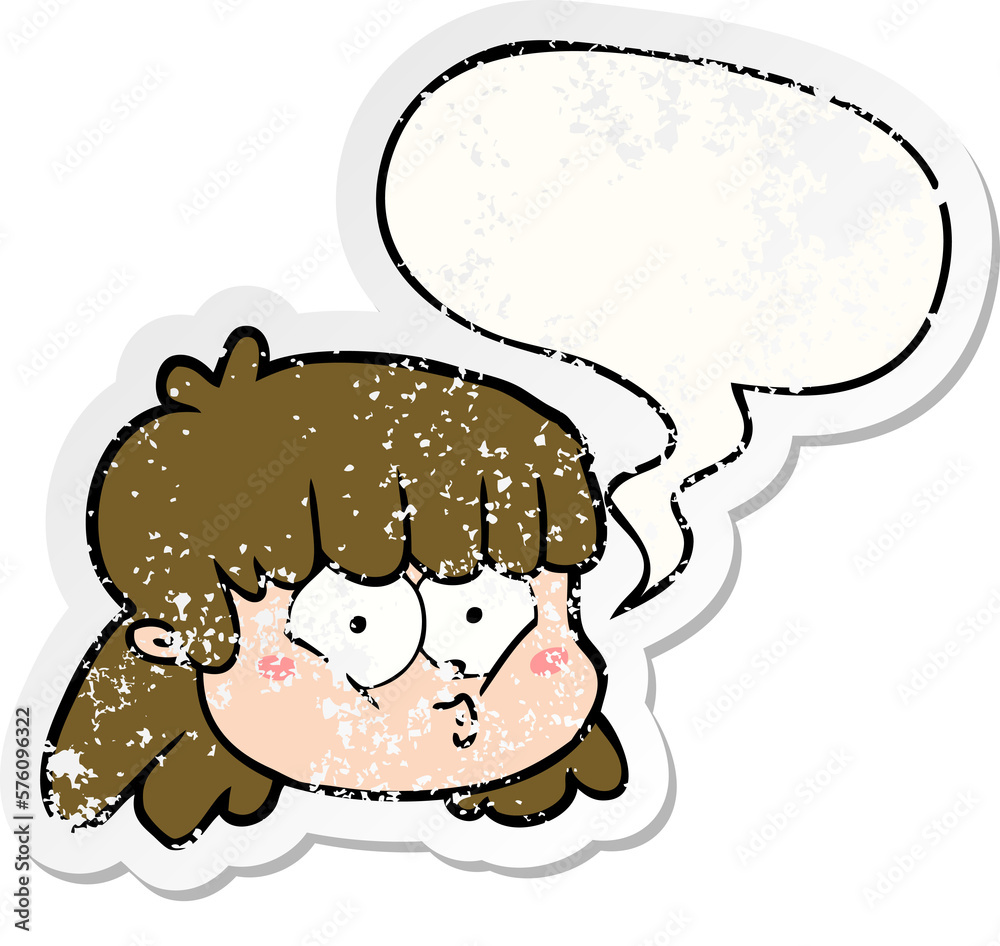 cartoon female face and speech bubble distressed sticker cartoon female face and speech bubble distressed sticker