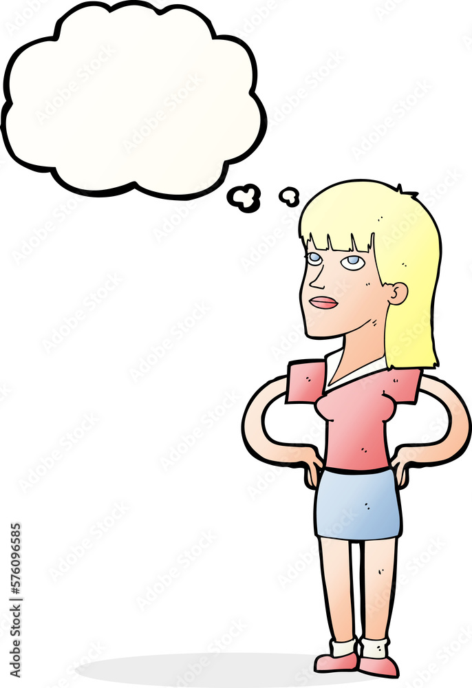 cartoon woman with hands on hips with thought bubble cartoon woman with hands on hips with thought bubble