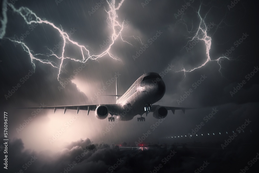 Airplane flying during storm, lightning strikes to passenger plane ...