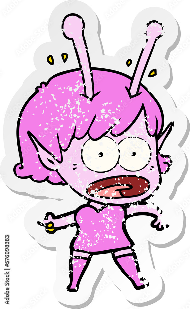 distressed sticker of a cartoon shocked alien girl distressed sticker of a cartoon shocked alien girl