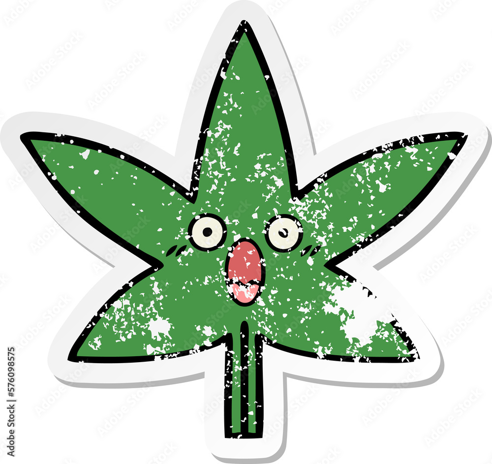 distressed sticker of a cute cartoon marijuana leaf distressed sticker of a cute cartoon marijuana leaf