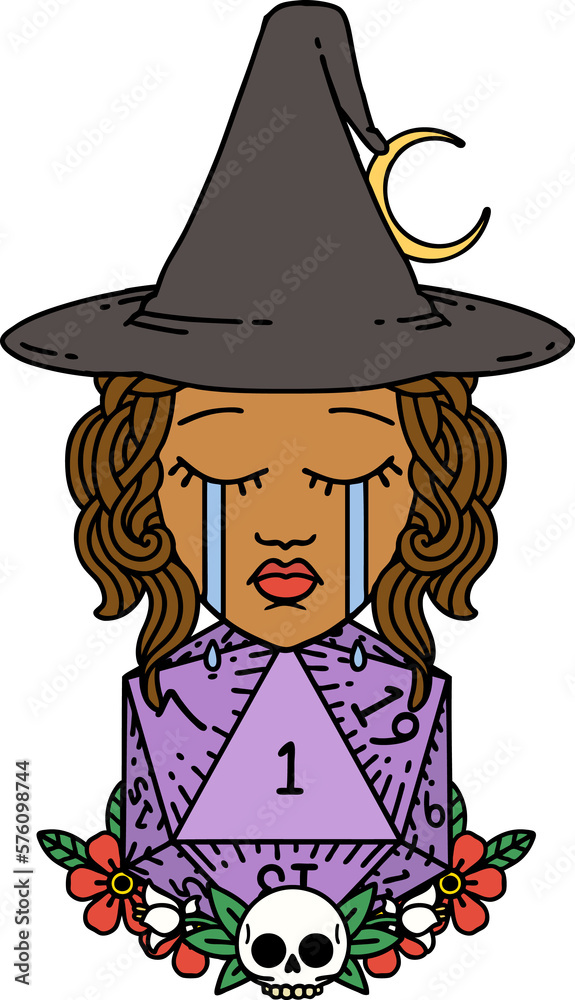 crying human witch with natural one D20 dice roll illustration