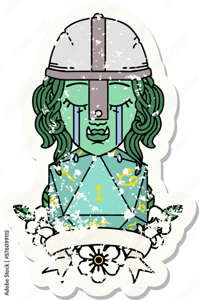 crying orc fighter character with natural one D20 roll illustration crying orc fighter character with natural one D20 roll illustration
