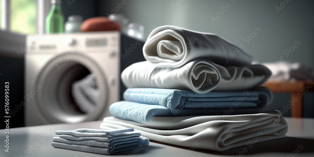Laundry room. Clean towels and sheets on the table. Generated by AI Laundry room. Clean towels and sheets on the table. Generated by AI