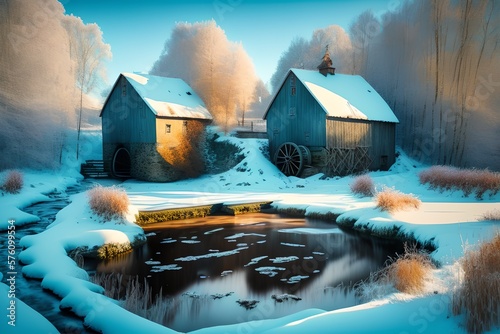 Water Mill in Winter, Generative AI Illustration
