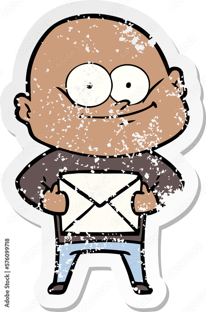 distressed sticker of a cartoon bald man staring with letter distressed sticker of a cartoon bald man staring with letter