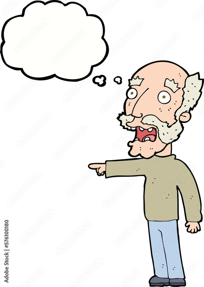 cartoon scared old man pointing with thought bubble cartoon scared old man pointing with thought bubble