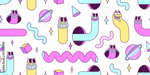 Trendy Y2K acid seamless pattern with worm and snakes and abstract shapes. Nostalgia for 90s-2000s. Vector illustration.