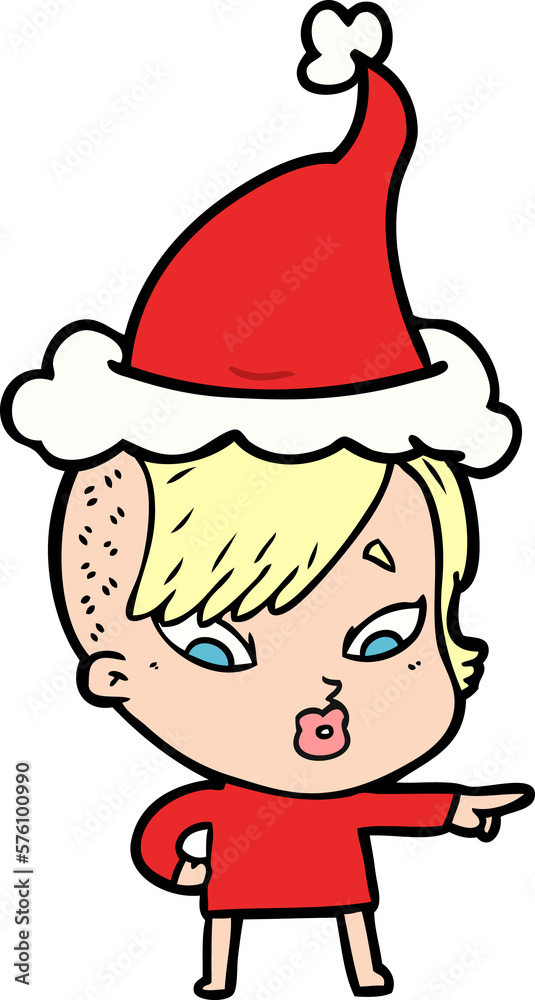 line drawing of a surprised girl pointing wearing santa hat line drawing of a surprised girl pointing wearing santa hat