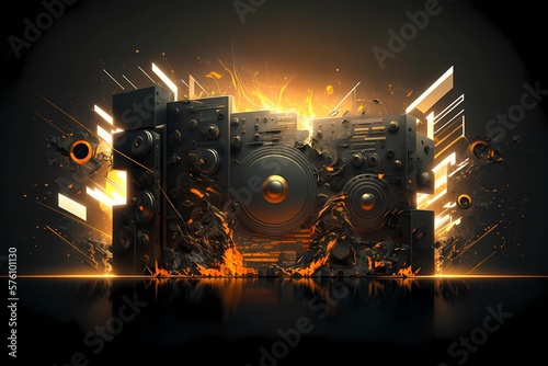 Futuristic music abstract visual background. Trendy artistic beat speakers with splash particles visualization. Vibrant musical audio soundwaves. Nightlife EDM scene sound illustration. Generative AI