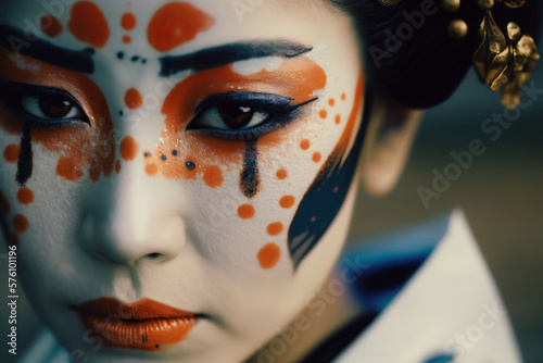 A Close-up of a Geisha's Face in Japan, Captivating Beauty, tradition, elegance and mystique ai generative
