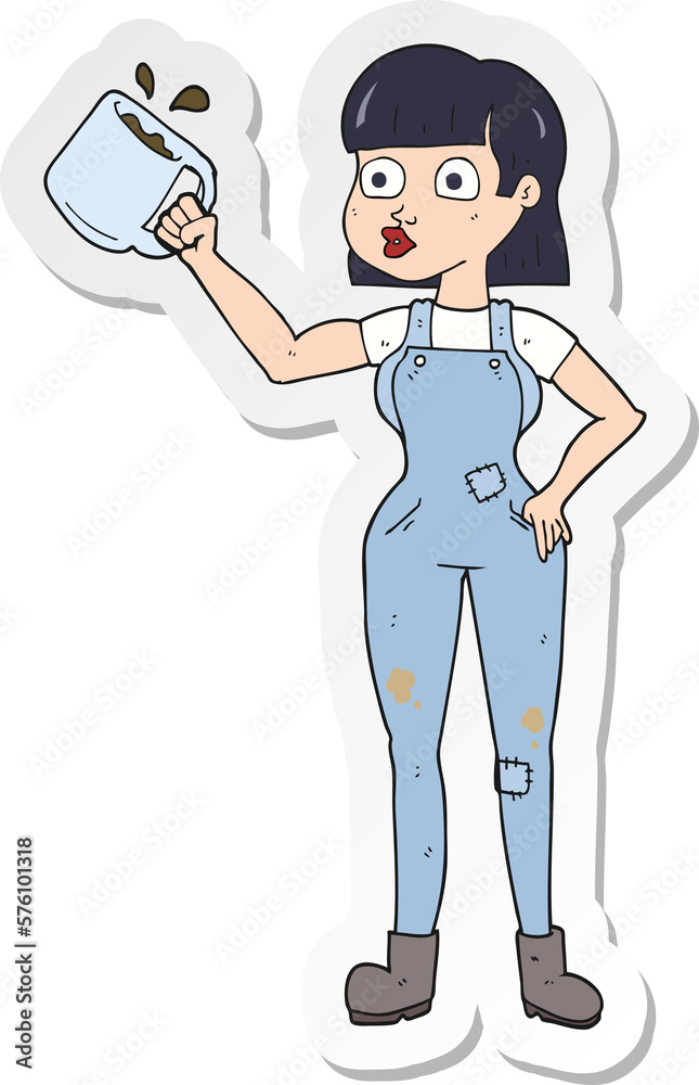 sticker of a cartoon female worker with coffee mug