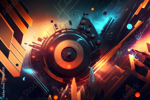 Futuristic music abstract visual background. Trendy artistic beat speakers with splash particles visualization. Vibrant musical audio soundwaves. Nightlife EDM scene sound illustration. Generative AI