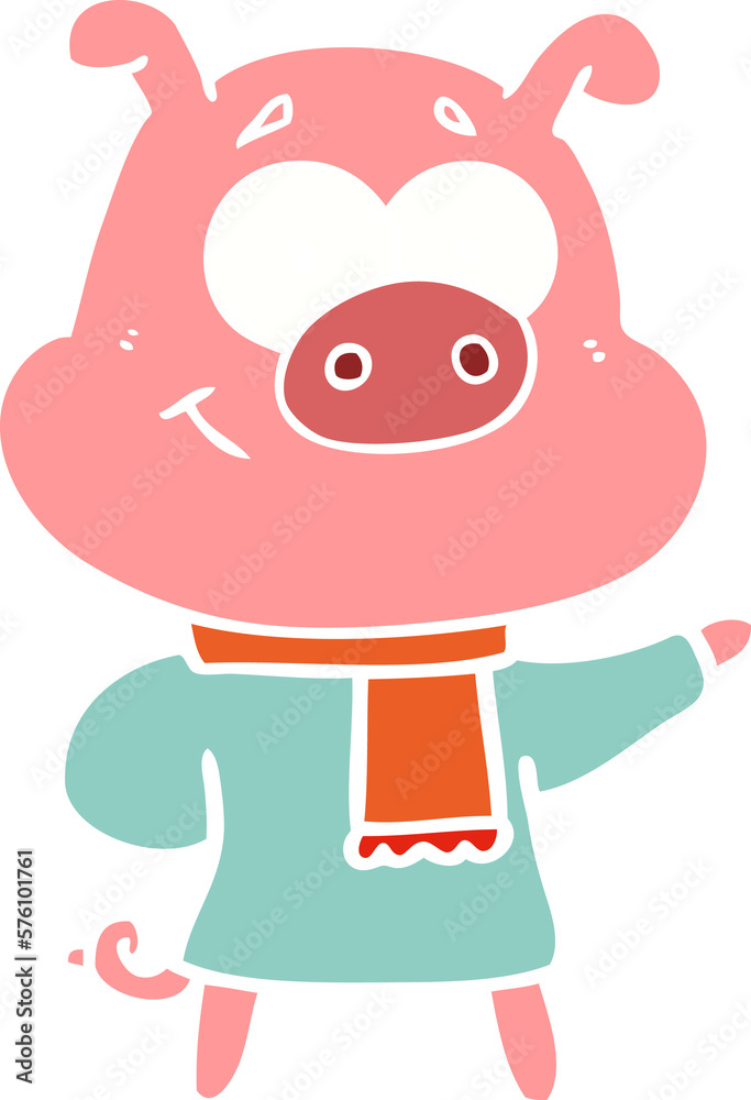 happy flat color style cartoon pig wearing warm clothes happy flat color style cartoon pig wearing warm clothes