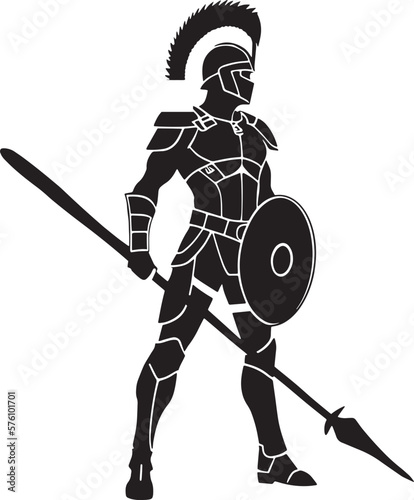Illustration of a Spartan warrior in striking black and white monochrome style, evoking a sense of power and courage through his poised spear and commanding stance