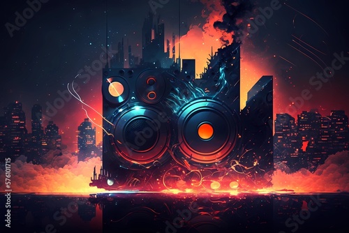 Futuristic music abstract visual background. Trendy artistic beat speakers with splash particles visualization. Vibrant musical audio soundwaves. Nightlife EDM scene sound illustration. Generative AI