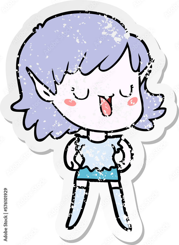 distressed sticker of a cartoon elf girl distressed sticker of a cartoon elf girl