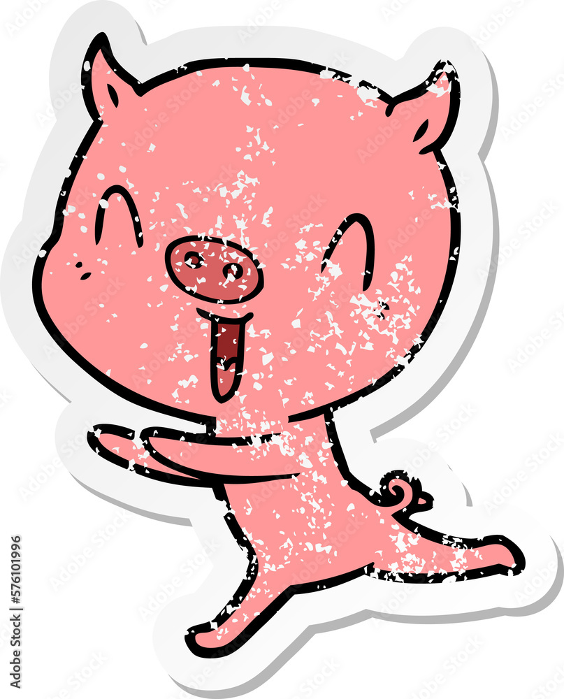 distressed sticker of a happy cartoon pig running distressed sticker of a happy cartoon pig running
