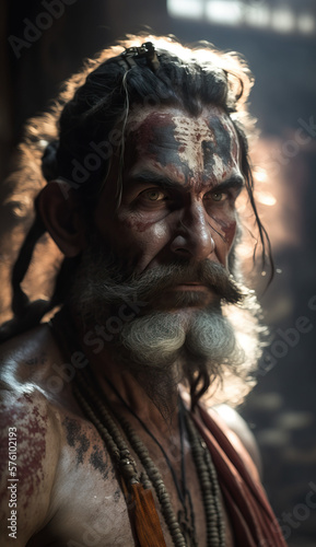 A Close-up Look into the Mystical World of Sadhus in Varanasi Through Their Expressive Faces and Spirituality AI Generative © Mr. Bolota