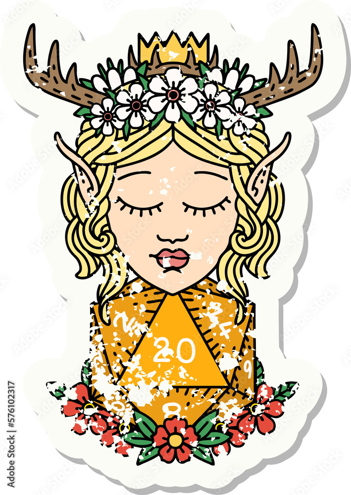 elf druid character with nautral twenty dice roll grunge sticker elf druid character with nautral twenty dice roll grunge sticker