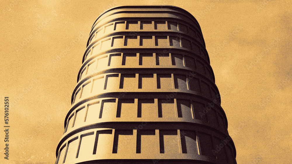 Bottom up view of a generic commercial building in retro poster style with muted gold and black duotone palette and grainy vintage print texture effect