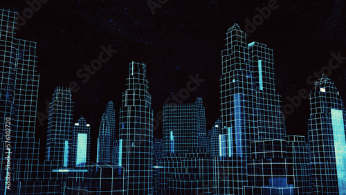 Retro style illustration of holographic or wireframe skyscrapers in cyberspace with grainy vintage print texture effect