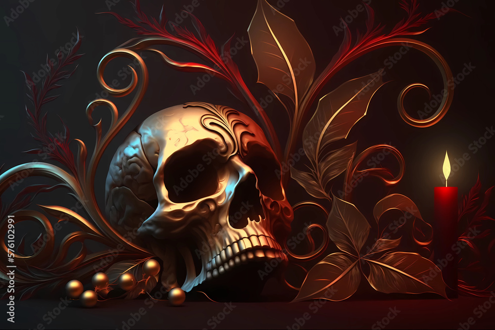 Skull Reflecting Gold and Red Leaves, Design, in Candlelight (Generative AI) Skull Reflecting Gold and Red Leaves, Design, in Candlelight (Generative AI)