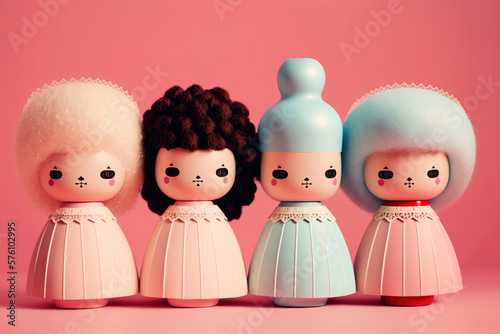 Small dolls on light pink background, illustration generative ai