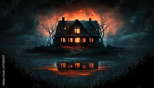 Spooky horror abandoned house in the middle of nowhere with dark background terrifying ghoulish scenery in spooky night Generative AI