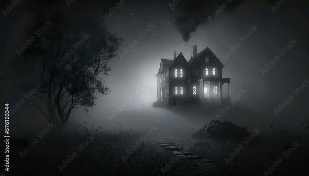 Spooky horror abandoned house in the middle of nowhere with dark background terrifying ghoulish scenery in spooky night Generative AI Spooky horror abandoned house in the middle of nowhere with dark background terrifying ghoulish scenery in spooky night Generative AI