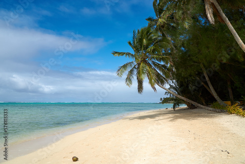 Fototapeta Naklejka Na Ścianę i Meble -  Tropical beach with coconut palm and turquoise sea, Rarotonga, Cook Islands