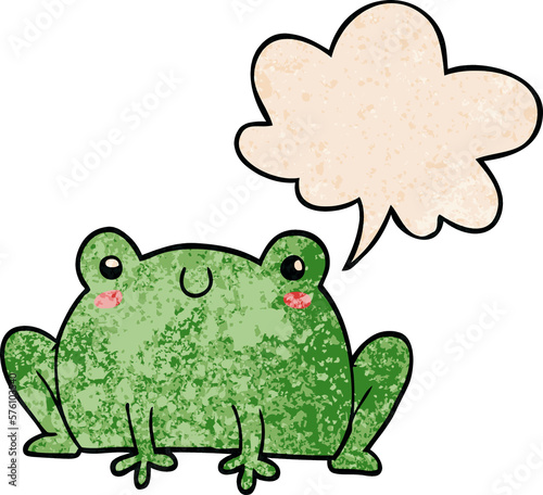 cartoon frog and speech bubble in retro texture style