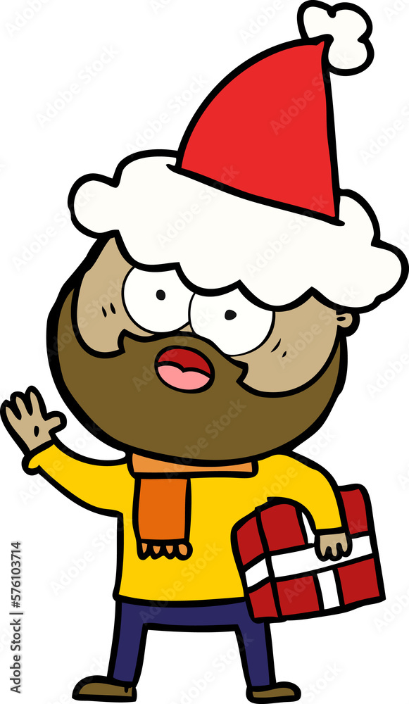 line drawing of a bearded man with present wearing santa hat line drawing of a bearded man with present wearing santa hat