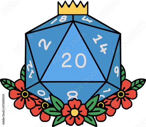 natural 20 D20 dice roll with floral elements illustration © lineartestpilot