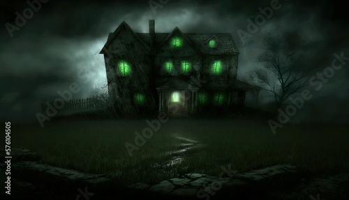 Horror abandoned house with lights on, spooky scenery in dark night Generative AI