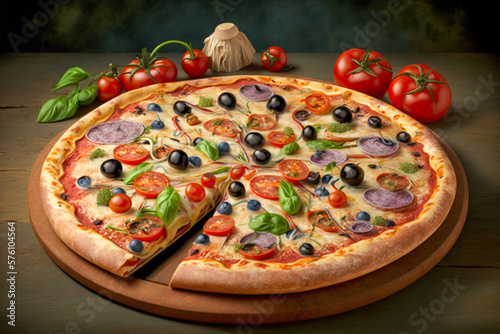 pizza with tomatoes and mushrooms, super photo realistic background, generative ai