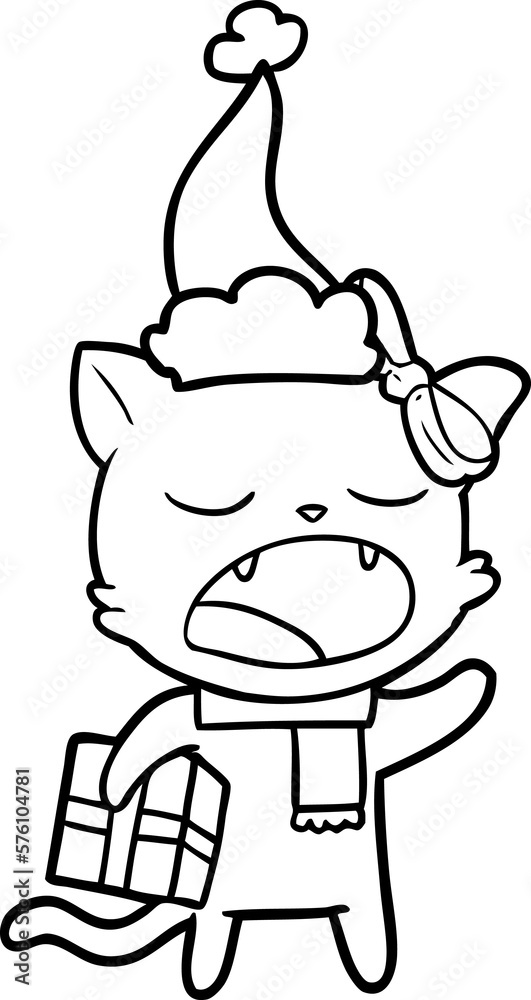 line drawing of a cat with christmas present wearing santa hat line drawing of a cat with christmas present wearing santa hat