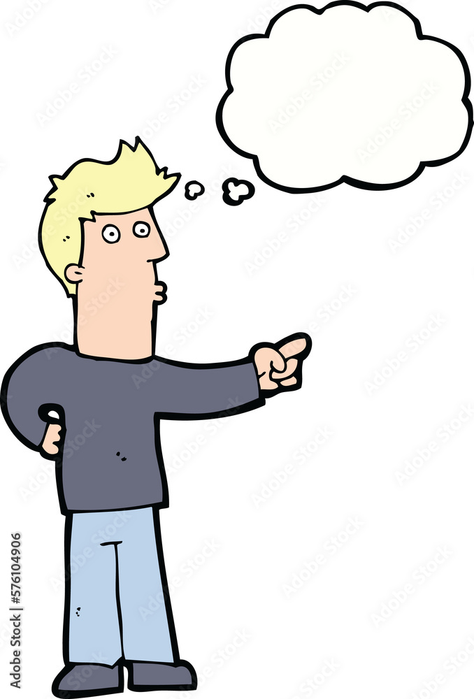 cartoon curious man pointing with thought bubble cartoon curious man pointing with thought bubble