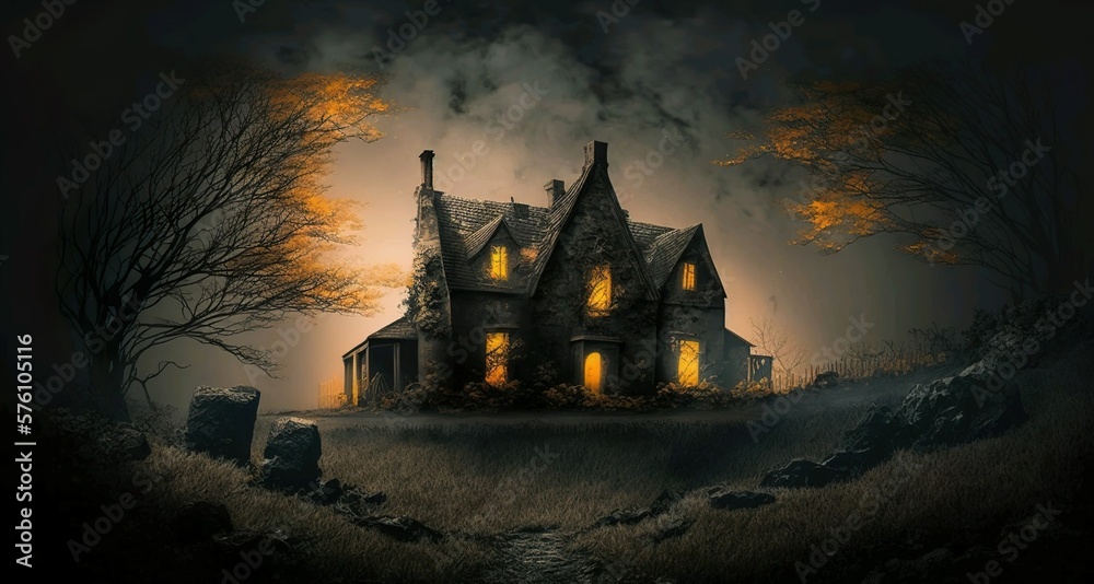 Horror abandoned house with lights on, spooky scenery in dark night Generative AI Horror abandoned house with lights on, spooky scenery in dark night Generative AI