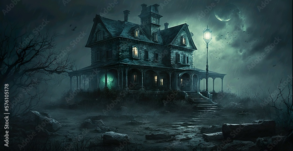 Horror abandoned house with lights on, spooky scenery in dark night Generative AI