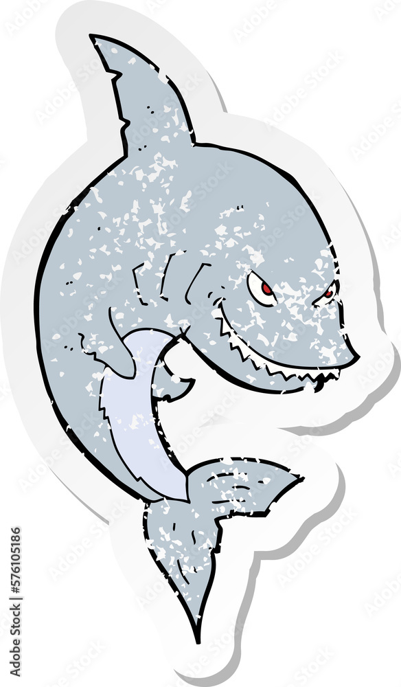 retro distressed sticker of a funny cartoon shark retro distressed sticker of a funny cartoon shark