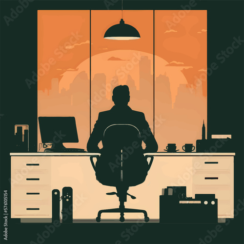 man sitting at his work desk, vector illustration