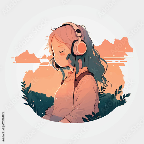girl listening to music, lofi vintage style illustration style