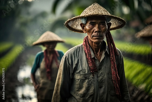 Traditional farmers working in the lush green rice fields of Bali AI GENERATIVE