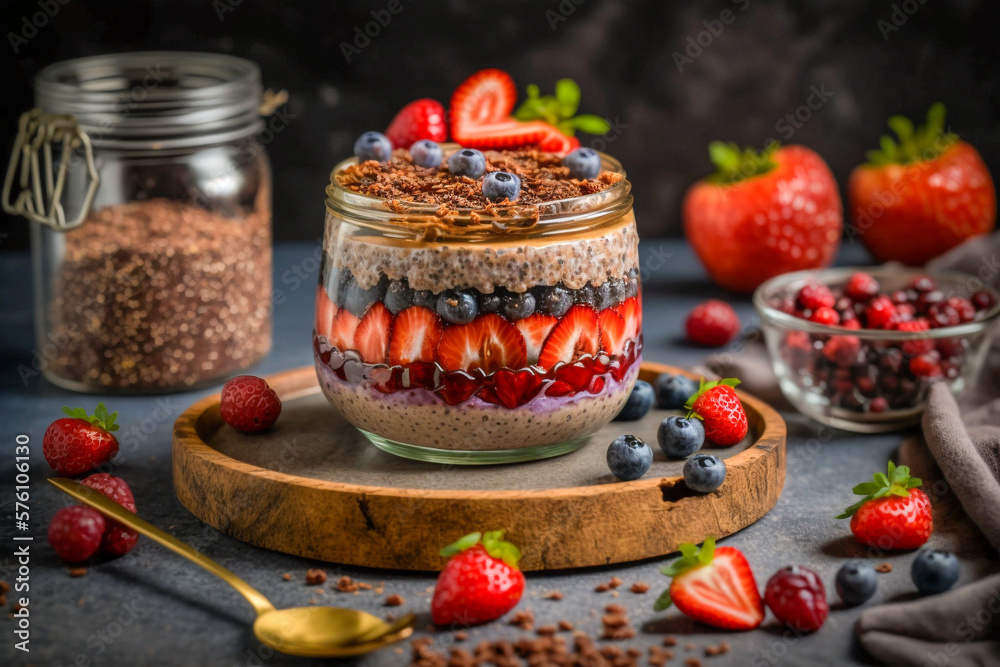 Chia pudding healthy breakfast, super photo realistic background, generative ai