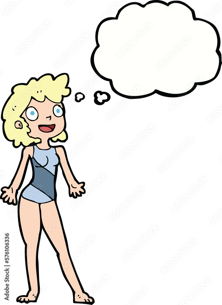 cartoon woman in swimming costume with thought bubble cartoon woman in swimming costume with thought bubble